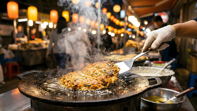 Traditional Korean bindaetteok mung bean pancake frying on an iron griddle at night market