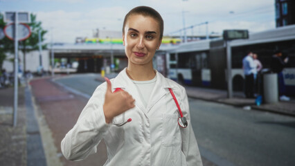 Fototapeta premium Young woman doctor with short hair and red stethoscope gives thumbs up while wearing white coat on a busy street curb at a bus stop with buses behind her; community health reassurance.