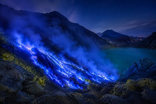Blue Fire Phenomenon at Ijen Crater in East Java Indonesia Under Dramatic Night Sky Generated with AI