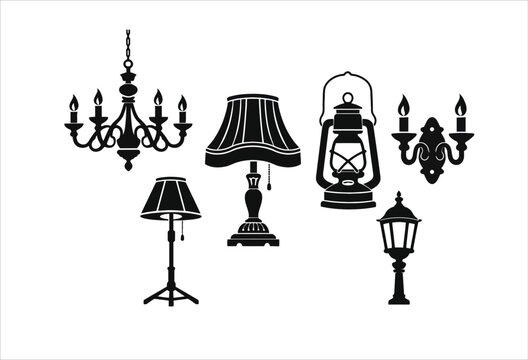 Black Silhouette Collection Of Vintage Lamps And Lighting Fixtures