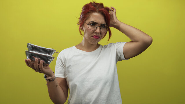 Young hispanic woman holding stacked foil takeout containers and scratching her head in a yellow studio; confusion.