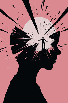 Human silhouette with exploding mind, mental health concept, inner conflict, self discovery and emotional breakthrough