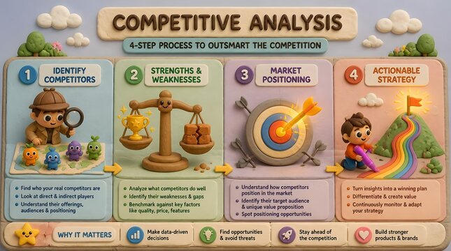 Cute 3D claymation infographic about a 4-step competitive analysis process with playful elements in soft pastel colors.