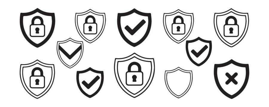 Set of shield icons with padlocks and check marks for digital security and data protection website graphic.