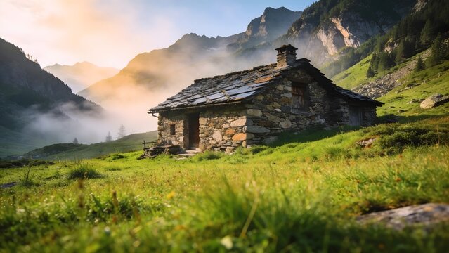 Historic Andorran Borda traditional stone house in the Pyrenees valley