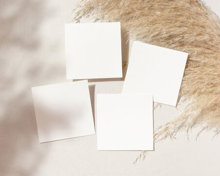 Blank square cards mockup on pampas grass and beige stone top view, boho wedding stationery