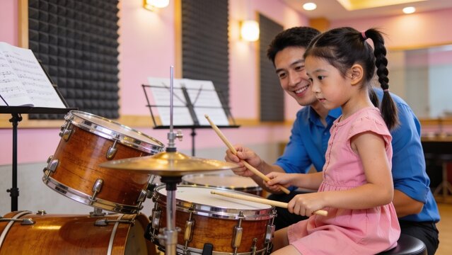 Young student taking drum lessons from professional music instructor