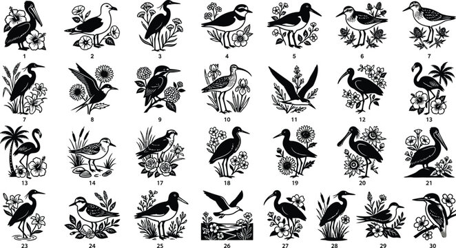 Bird Silhouettes With Floral Ornament Black And White Vector Illustration