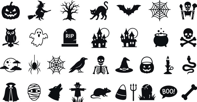 Halloween Icons Collection Black Silhouette Vector Illustrations On White Background