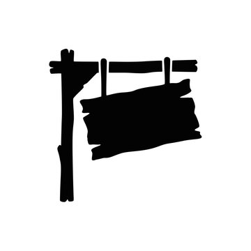 Black silhouette of a rustic wooden sign with a blank board - ideal for graphic design, web icons, placeholder text, directional signage, and rustic announcement visuals