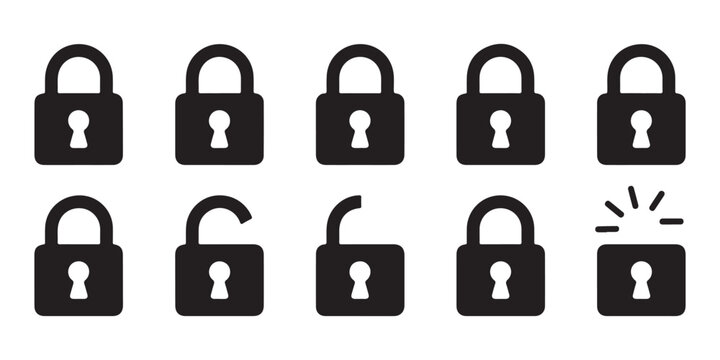 Assorted padlock icons in black silhouette for web security user interface elements on transparent backgrounds.