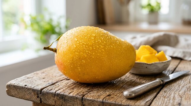 Fresh mango on wooden table with sliced fruit