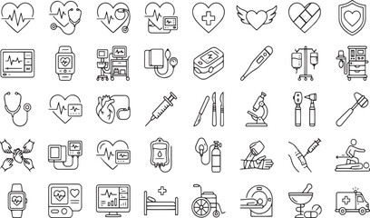 Fototapeta premium Hand Drawn Medical Icons and Healthcare Symbols Vector Set Collection on White Background