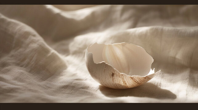 Empty white eggshell half on linen fabric soft light