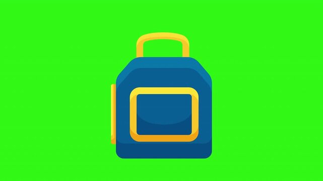 Blue yellow school backpack item on bright green background, simple flat vector graphic suitable for educational product designs.