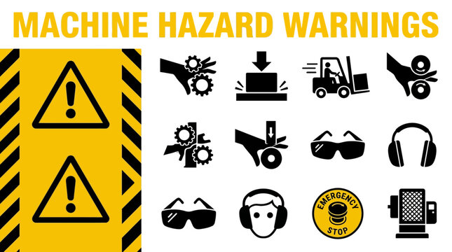 Collection of industrial machine hazard warning symbols for workplace safety and accident prevention, including eye and ear protection, crush hazards, and forklift warnings