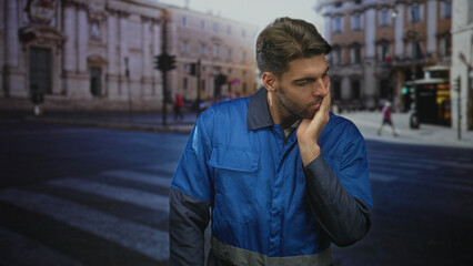 Fototapeta premium Hispanic man worker in blue work overalls touching chin on street crosswalk by ornate building; contemplative pondering.
