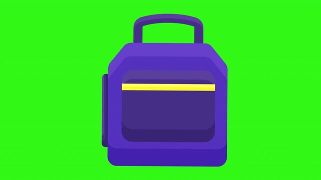 Purple school backpack with yellow stripe on green background, perfect for educational designs and backtoschool projects. Simple flat cartoon design.
