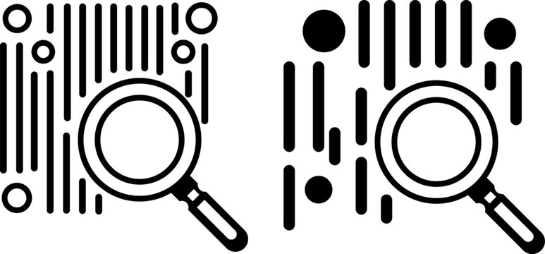 Barcode and QR code scanning with magnifying glass vector icon set. Simple vector illustration of isolated data identification lines, outline and bold geometric code verification graphic elements coll