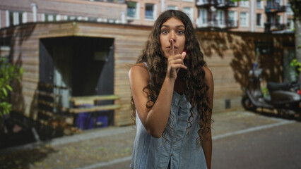 Fototapeta premium Hispanic teenage woman finger to lips for silence in street by wooden shed and parked scooter; playful secrecy.