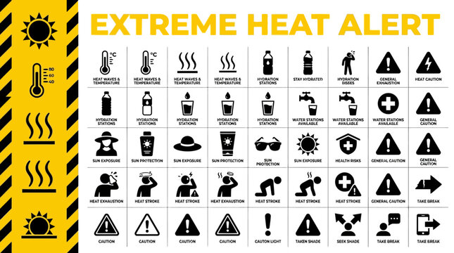 Extreme Heat Alert Warning Icons Safety Precautions and Heatstroke Prevention Tips
