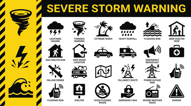 Set of severe storm warning icons including tornado, lightning, hurricane, heavy rain, flood, and emergency alert symbols
