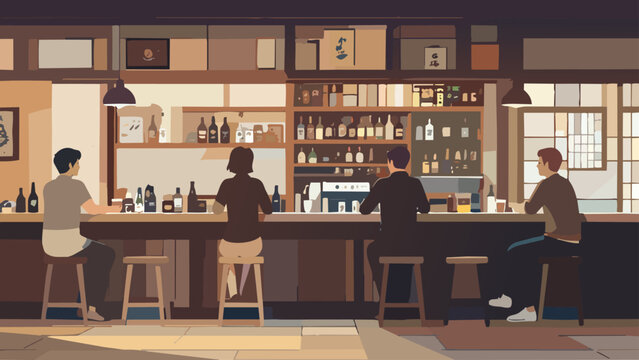 居酒屋のカウンターで会話を楽しむ男女_1920x1080px