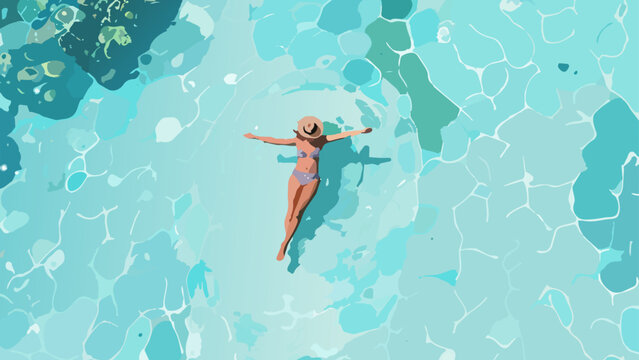 海に浮かんでリラックスする女性イラスト_1920x1080px