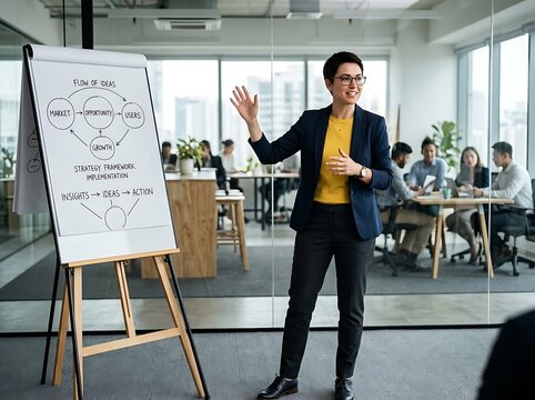 Businesswoman presenting a strategic flow chart on a whiteboard to her team in a modern office setting