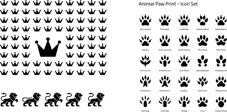 Crown Lion Silhouette and Animal Paw Print Icon Vector Set with Royal and Wildlife Symbols for Decorative Design