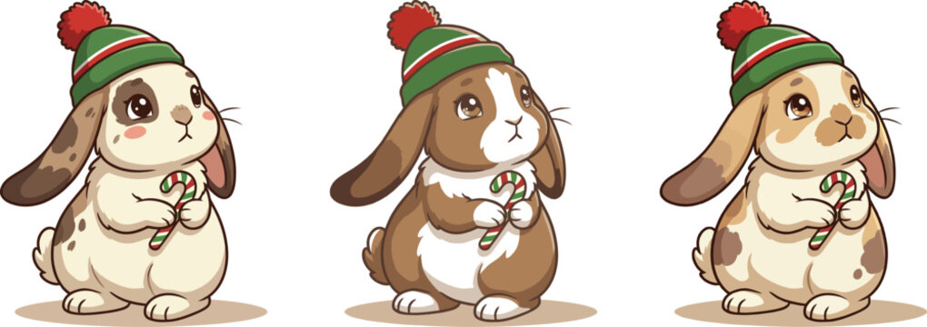 Three adorable cartoon rabbits wearing green hats and holding candy canes