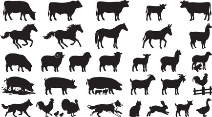 Farm Animal Silhouettes Collection, Livestock Icons Set, Domesticated Creatures Vector Graphics, Agricultural Mammals and Birds © Ehsanur