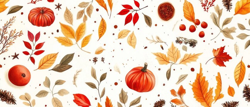 A vibrant autumn pattern with pumpkins and leaves serves as a festive background for seasonal designs and harvest celebrations.