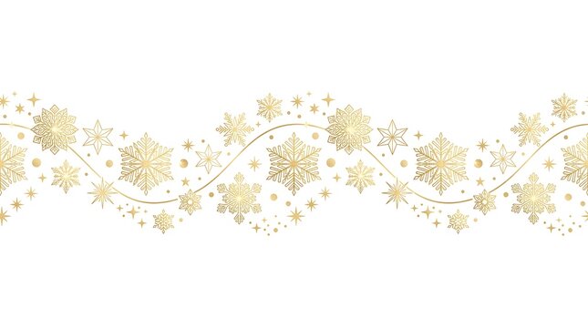 Gold Snowflake Seamless Border with Sparkles and Elegant Swirls for Christmas Holiday Greeting Card Winter Wedding and New Year Header