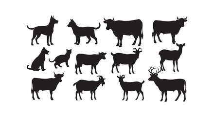 Fototapeta premium Assortment of farm and domestic animal silhouettes featuring dogs, cats, cows, goats, and deer on white.