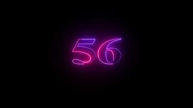56 number neon bright glowing animation on black background 4k video.