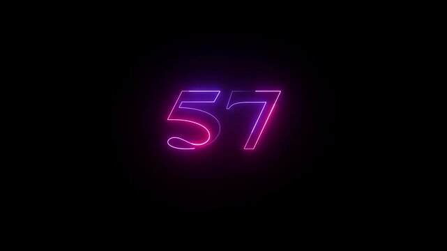 57 number neon bright glowing animation on black background 4k video.