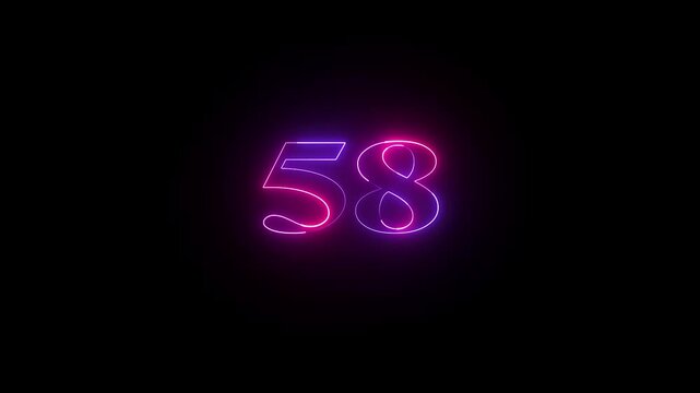 58 number neon bright glowing animation on black background 4k video.