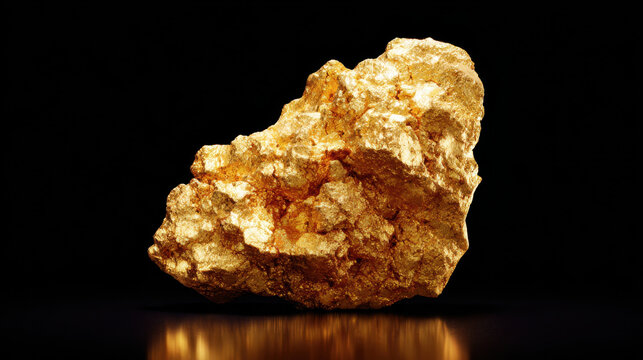 Gold nugget gold mineral rough mineral metallic rock shiny gold isolated specimen black background natural ore