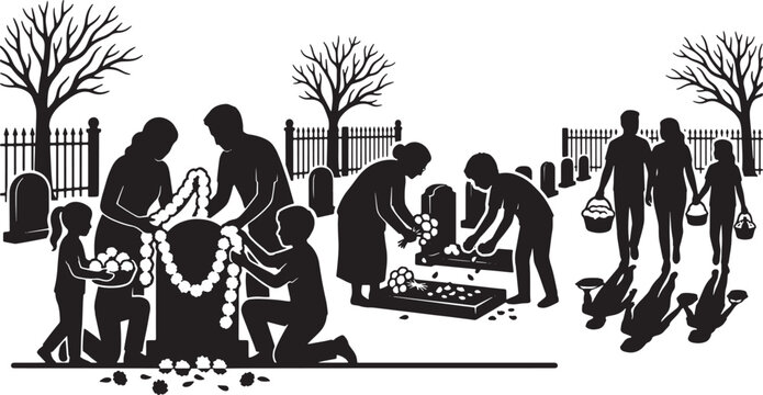 Funeral Procession and Cemetery Gathering, Mourning Family Paying Respects at Gravesite, Somber Memorial Service Vector Illustration
