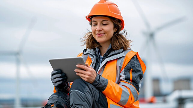 A realistic commercial stock photo of a Caucasian female field engineer in her early 30s, slim build, light skin, shoulder-length brown hair tied back under an orange hard hat, wea