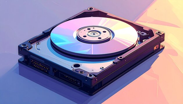 A 3D illustration of an open hard drive with a shiny disk inside on a purple background