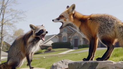 Fototapeta premium Fox and raccoon face off in grassy yard. Fox snarls, raccoon yawns aggressively. Both animals show tension and alertness. Scene captures wild encounter near suburban home. Useful for wildlife, nature