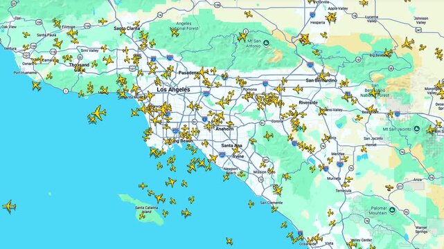 Accelerated air traffic over Los Angeles region flight radar map, Time lapse of dense aircraft traffic in Southern California airspace