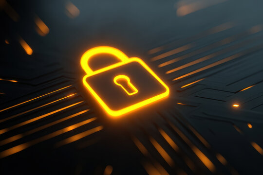 Cyber insurance concept with glowing lock on dark circuit board, digital security and risk protection