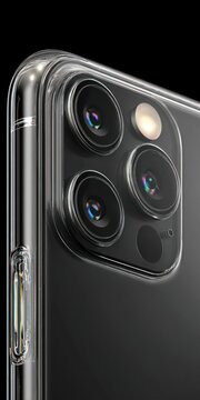 Close up of a smartphone camera lens and case with a clear reflective design