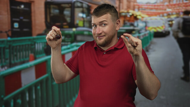 Man in red polo shirt pinches a tiny cherry by the stem between fingers near a green barrier on a crowded street; playful teasing.