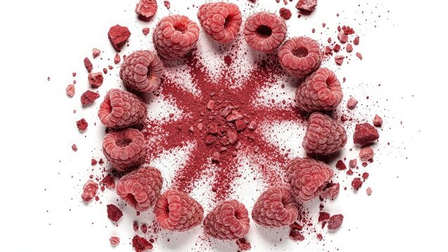 Fresh red raspberries arranged in a circular pattern with crushed berry powder in center