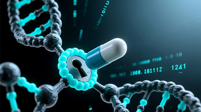 3D illustration of pill unlocking DNA helix keyhole on dark digital background showcasing precision medicine future research from close-up perspective