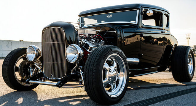 Shiny black vintage hot rod car with chrome details, classic auto lifestyle
